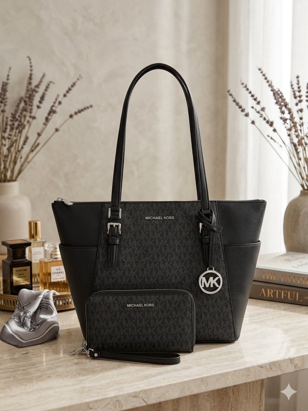 Michael Kors Black Signature Tote with MK Charm and Matching Wristlet wallet